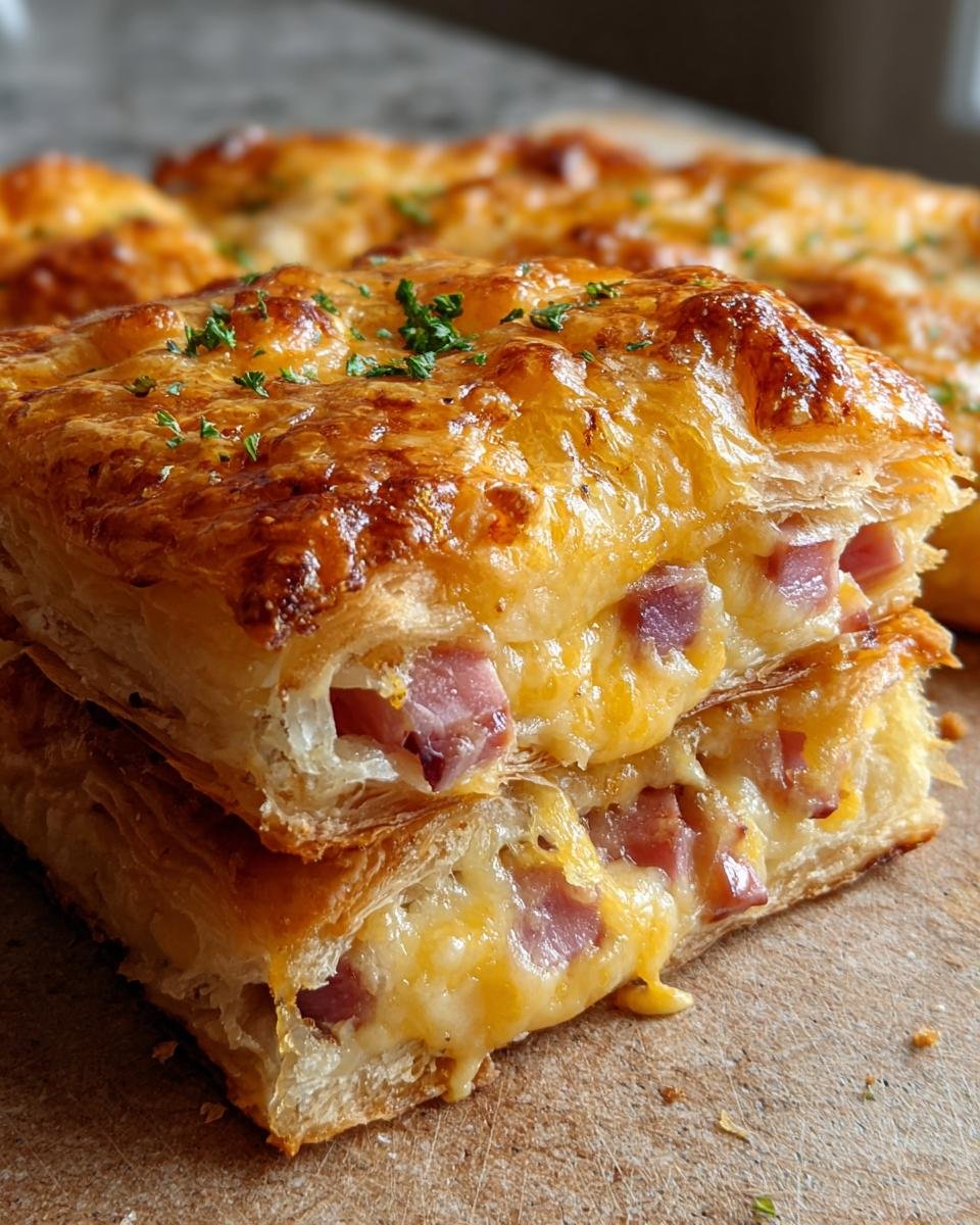 Close-up of two pieces of Crispy Ham & Cheese Puff Pastry stacked, showing golden flaky pastry, melted cheese, and diced ham.