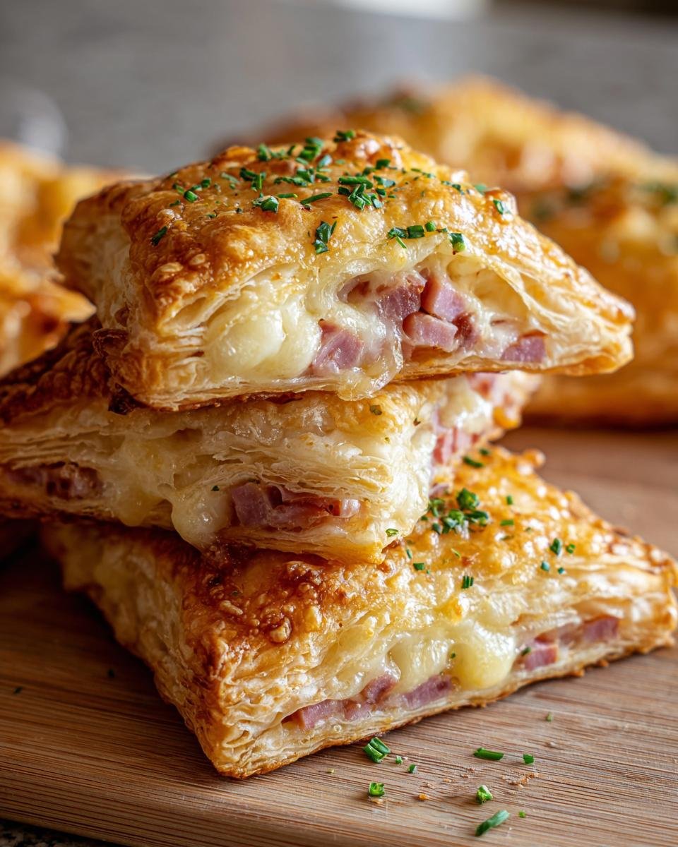 A stack of golden brown, crispy ham and cheese puff pastries, sprinkled with chives.
