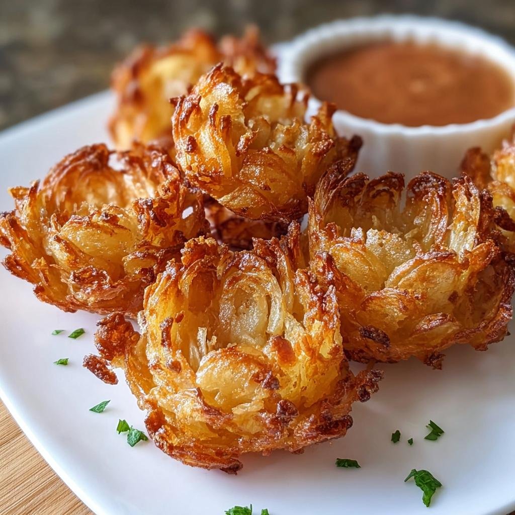 Golden brown Crispy Mini Blooming Onions arranged on a white plate with a small bowl of dipping sauce.