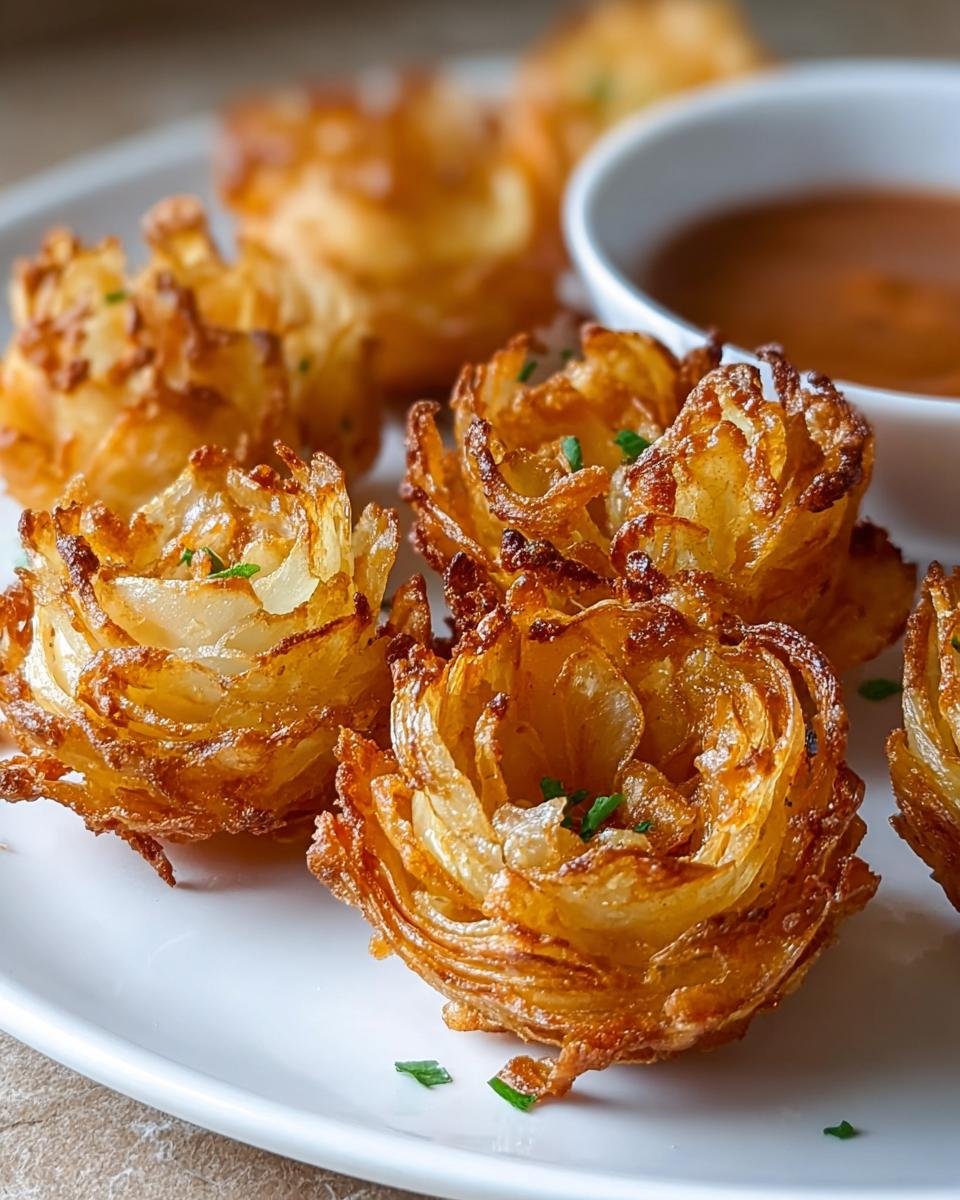 Golden brown crispy mini blooming onions served on a white plate with a side of dipping sauce.