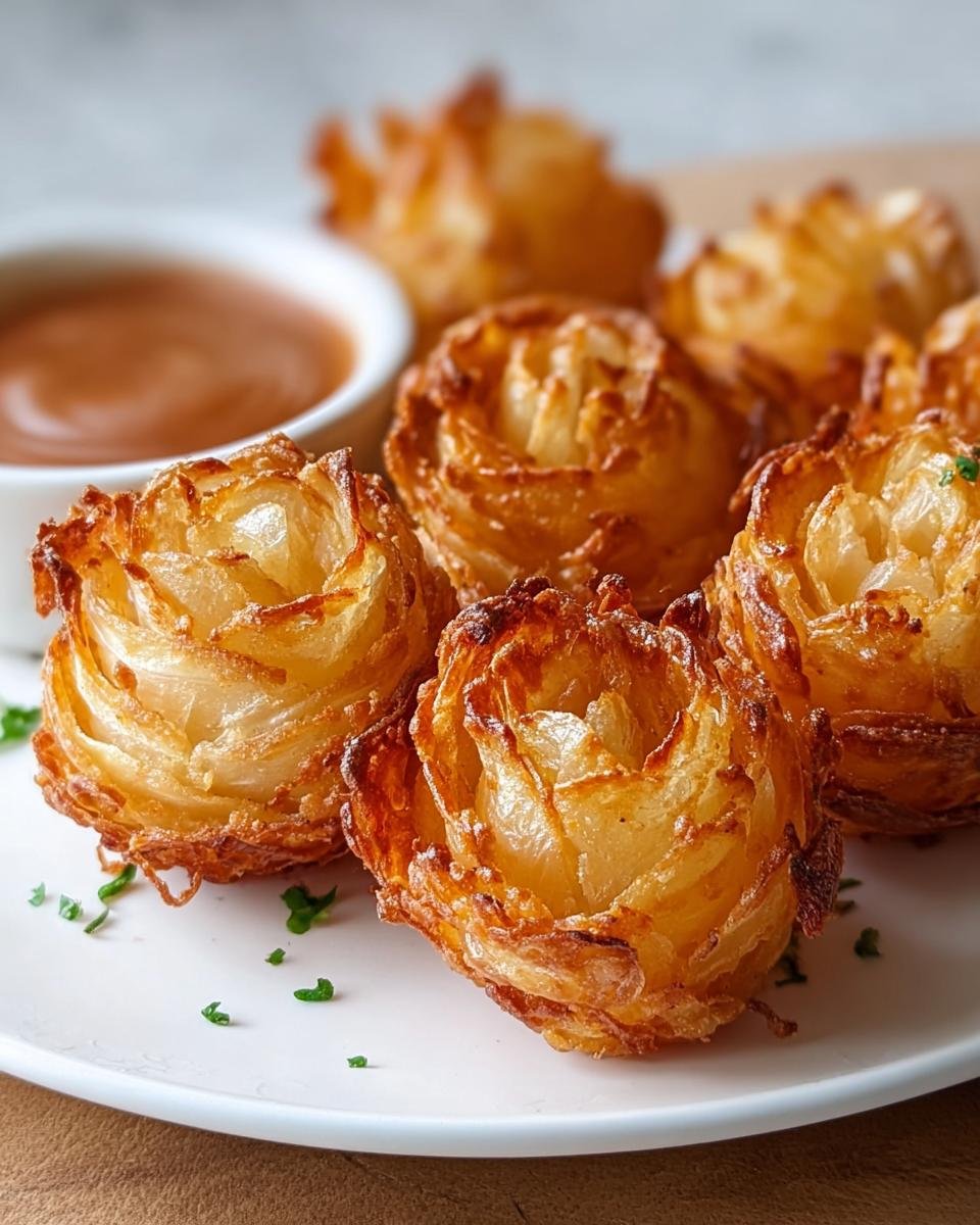 Close-up of golden-brown Crispy Mini Blooming Onions arranged on a white plate with a side of dipping sauce.