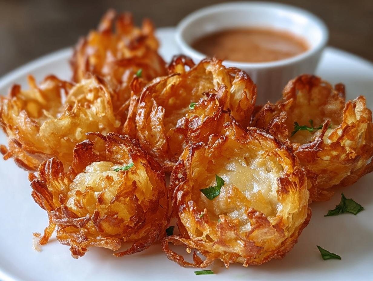 A plate of golden brown Crispy Mini Blooming Onions, served with a small dish of dipping sauce.