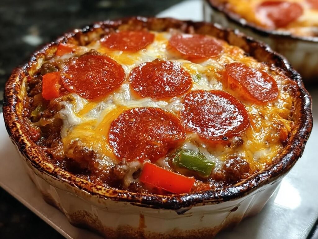 A close-up of a baked Crustless Pizza Bowl topped with melted cheese and pepperoni slices.