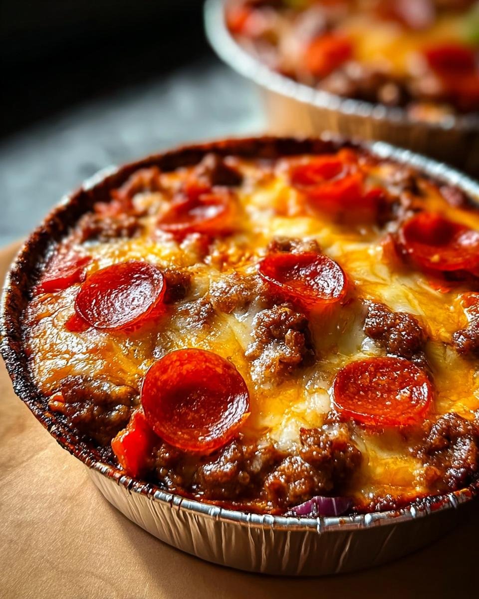 Close-up of a baked Crustless Pizza Bowl topped with melted cheese, pepperoni slices, and ground meat.