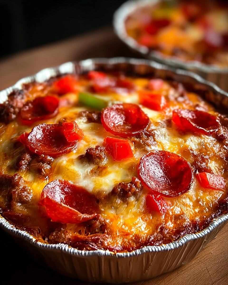 Close-up of a baked Crustless Pizza Bowl topped with melted cheese, pepperoni, and diced bell peppers.