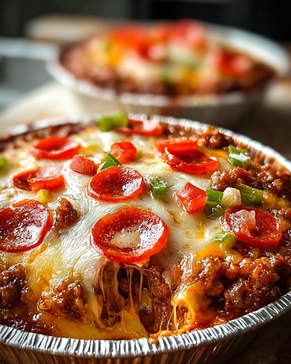 Close-up of a bubbling Crustless Pizza Bowl topped with melted cheese, pepperoni, and diced peppers.