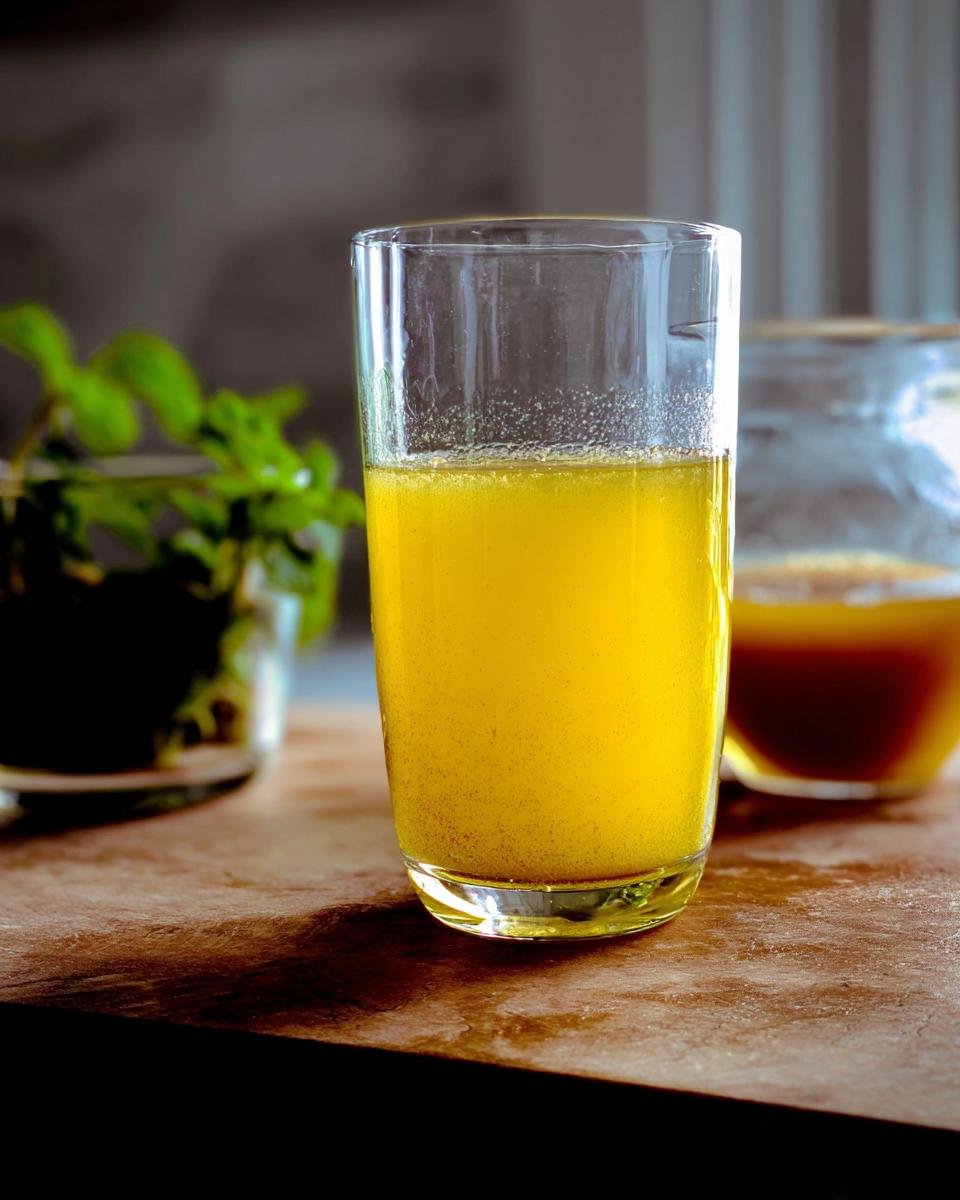 A clear glass filled with a bright yellow Detox Lemon Ginger Drink, with specks of ginger visible.