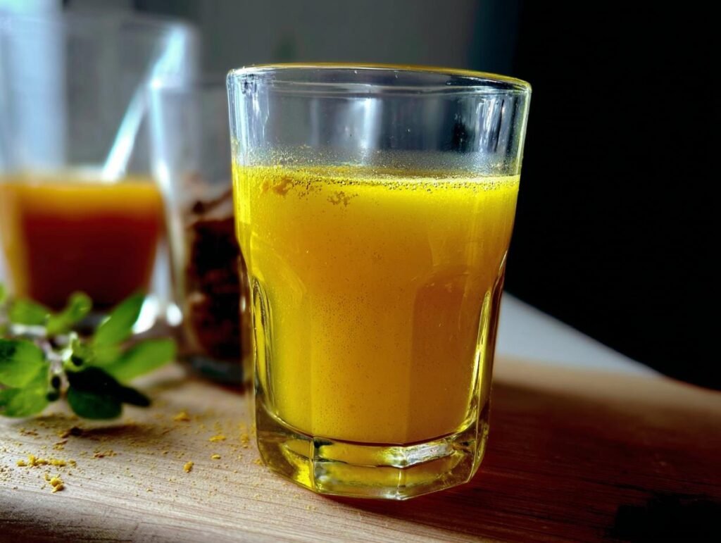 A close-up of a bright yellow Detox Lemon Ginger Drink in a glass, with other drinks blurred in the background.