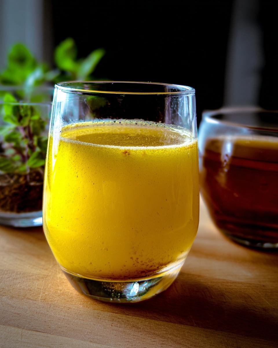 A refreshing glass of Detox Lemon Ginger Drink with a bright yellow hue and frothy top.