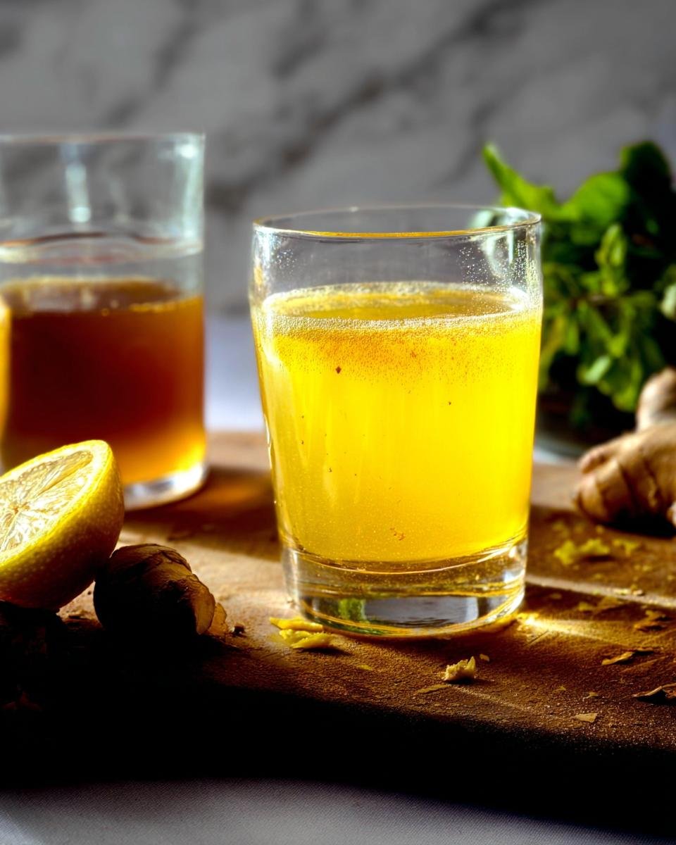 A vibrant glass of Detox Lemon Ginger Drink with fresh lemon and ginger on a wooden board.