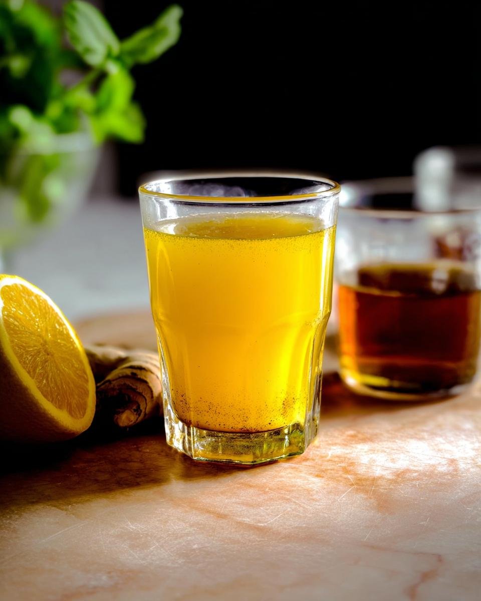 A bright yellow Detox Lemon Ginger Drink in a glass, with a lemon slice and ginger root nearby.