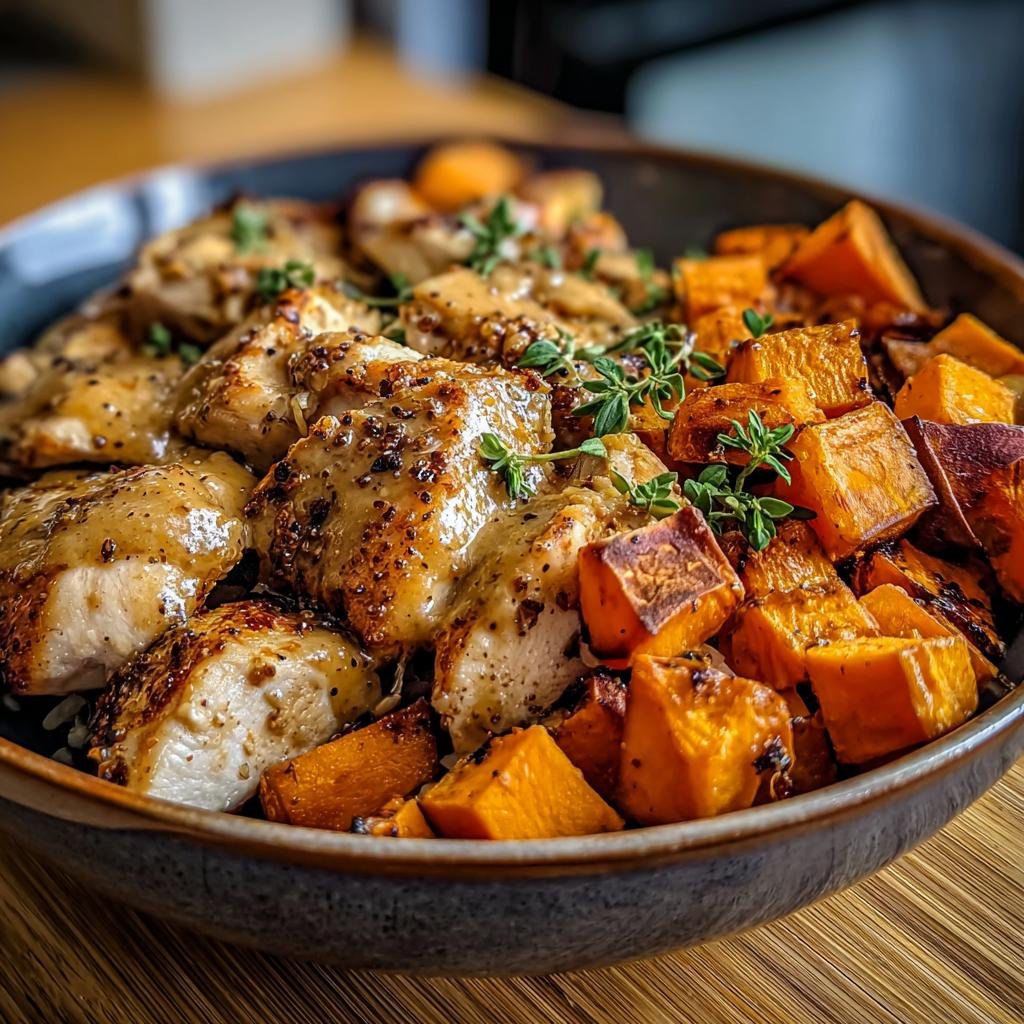 Close-up of a bowl filled with Dijon Chicken & Sweet Potato Bowls, featuring tender chicken pieces and roasted sweet potato cubes.