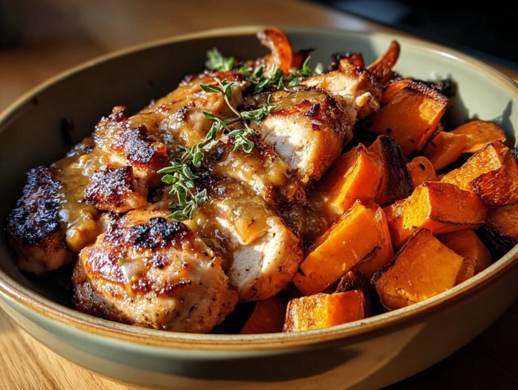 Close-up of a bowl filled with Dijon Chicken & Sweet Potato Bowls, featuring sliced chicken breast and roasted sweet potato cubes.