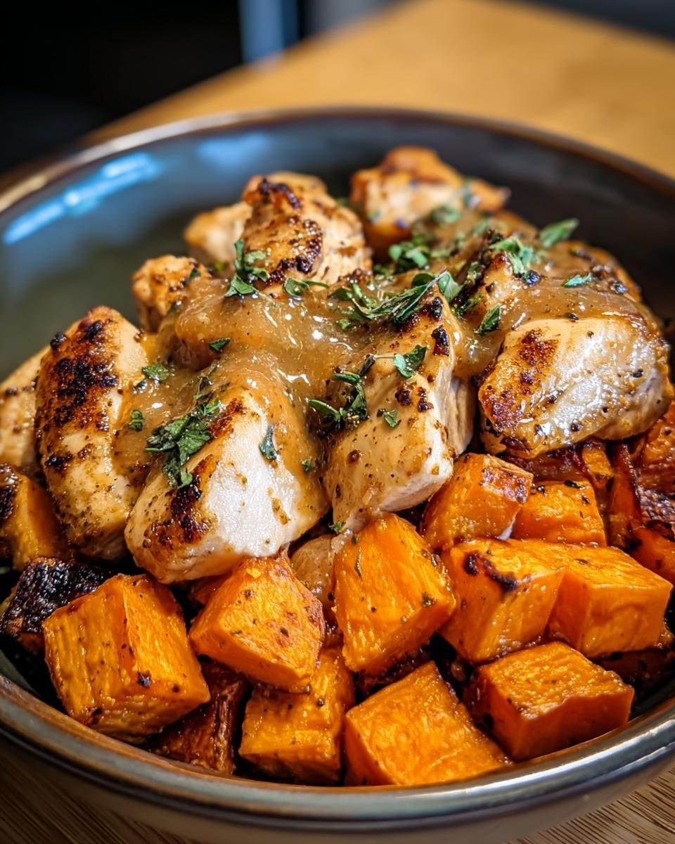 Close-up of Dijon Chicken & Sweet Potato Bowls, featuring grilled chicken pieces and roasted sweet potato cubes in a bowl.