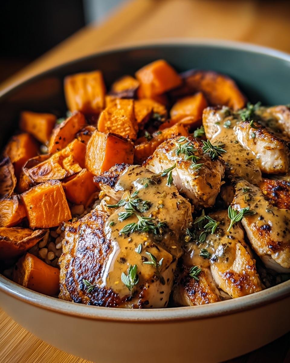 Close-up of Dijon Chicken & Sweet Potato Bowls with roasted sweet potatoes and chicken drizzled with sauce.