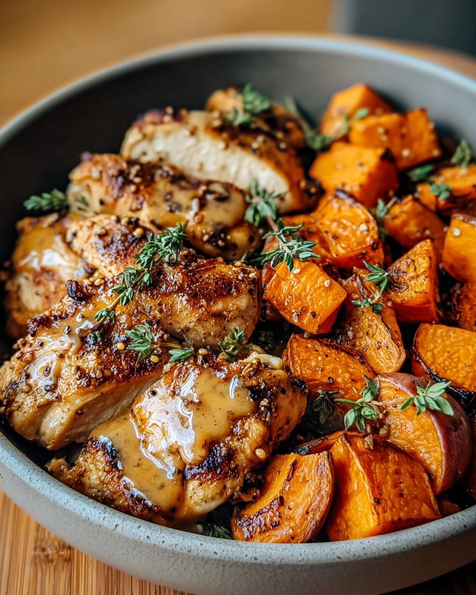 Close-up of Dijon Chicken & Sweet Potato Bowls featuring sliced chicken breast with Dijon sauce and roasted sweet potato cubes, garnished with herbs.