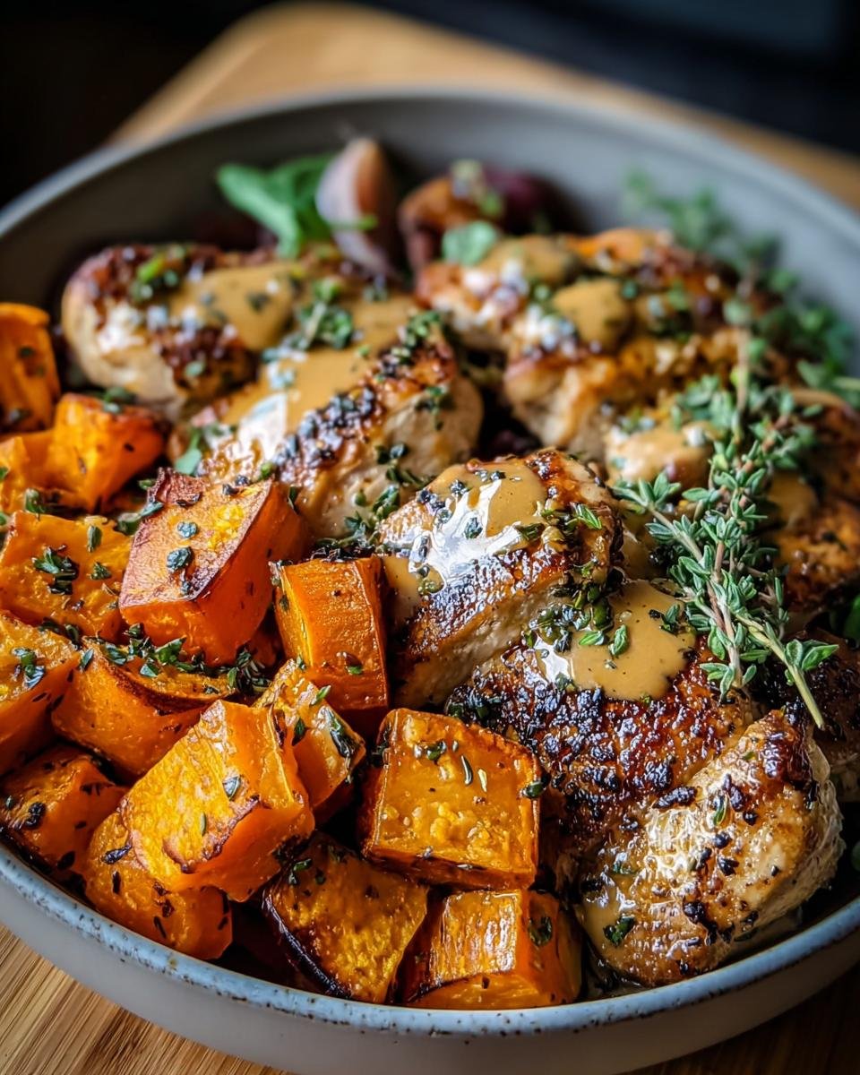 A close-up of Dijon Chicken & Sweet Potato Bowls, featuring roasted sweet potatoes and seared chicken drizzled with sauce.