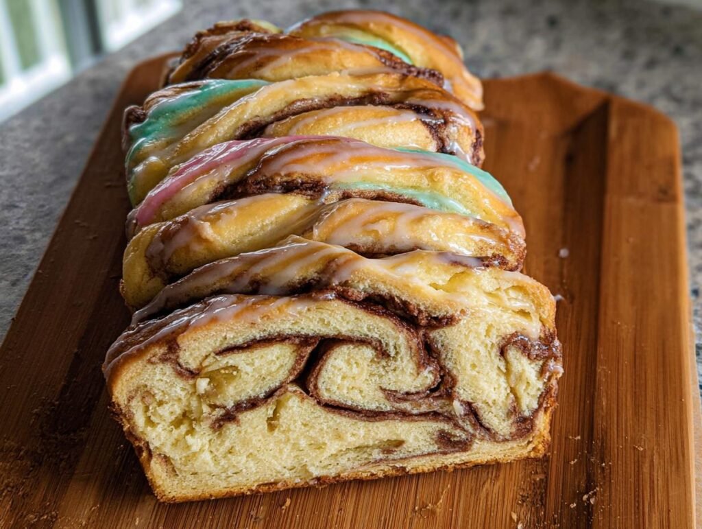 A festive Easter Cream Cheese Babka with swirls of chocolate and colorful pastel glazes.