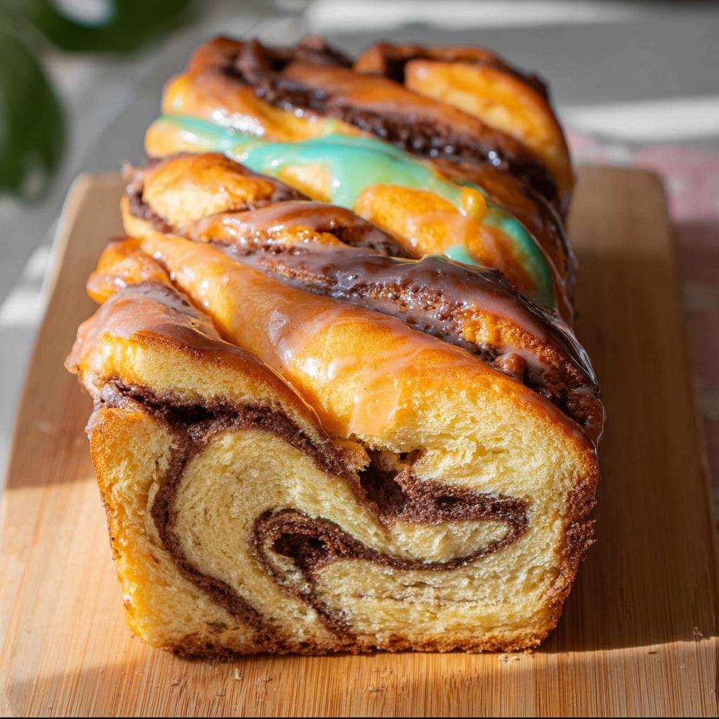 A beautifully braided Easter Cream Cheese Babka with chocolate and colorful icing swirls on a wooden board.