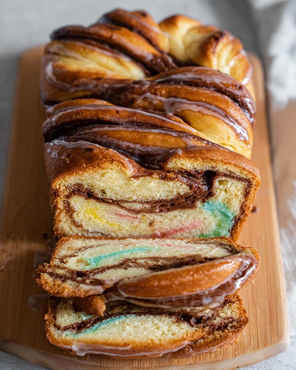 Close-up of a sliced Easter Cream Cheese Babka, showing rich chocolate swirls and colorful dough layers.