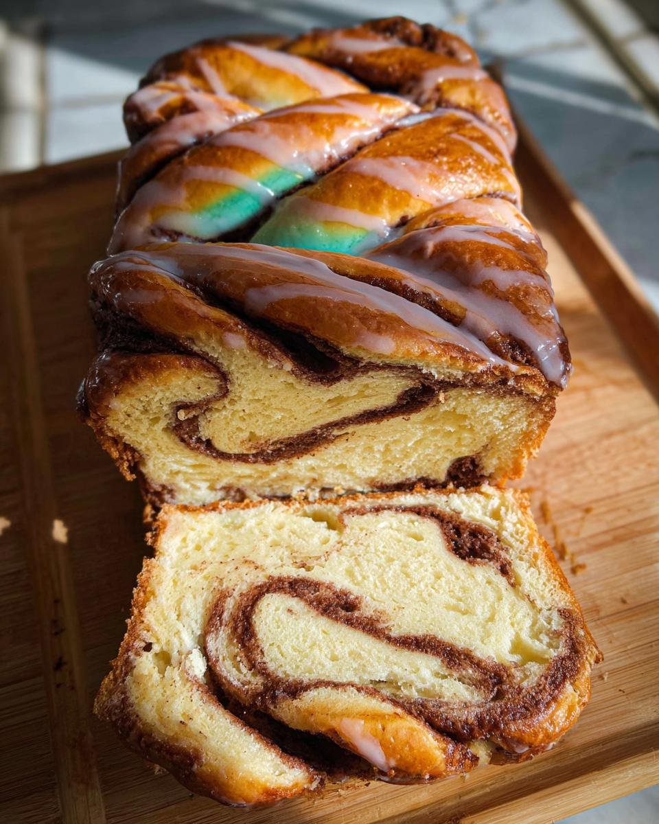 A beautifully braided Easter Cream Cheese Babka, sliced to reveal rich chocolate swirls and a glossy glaze.