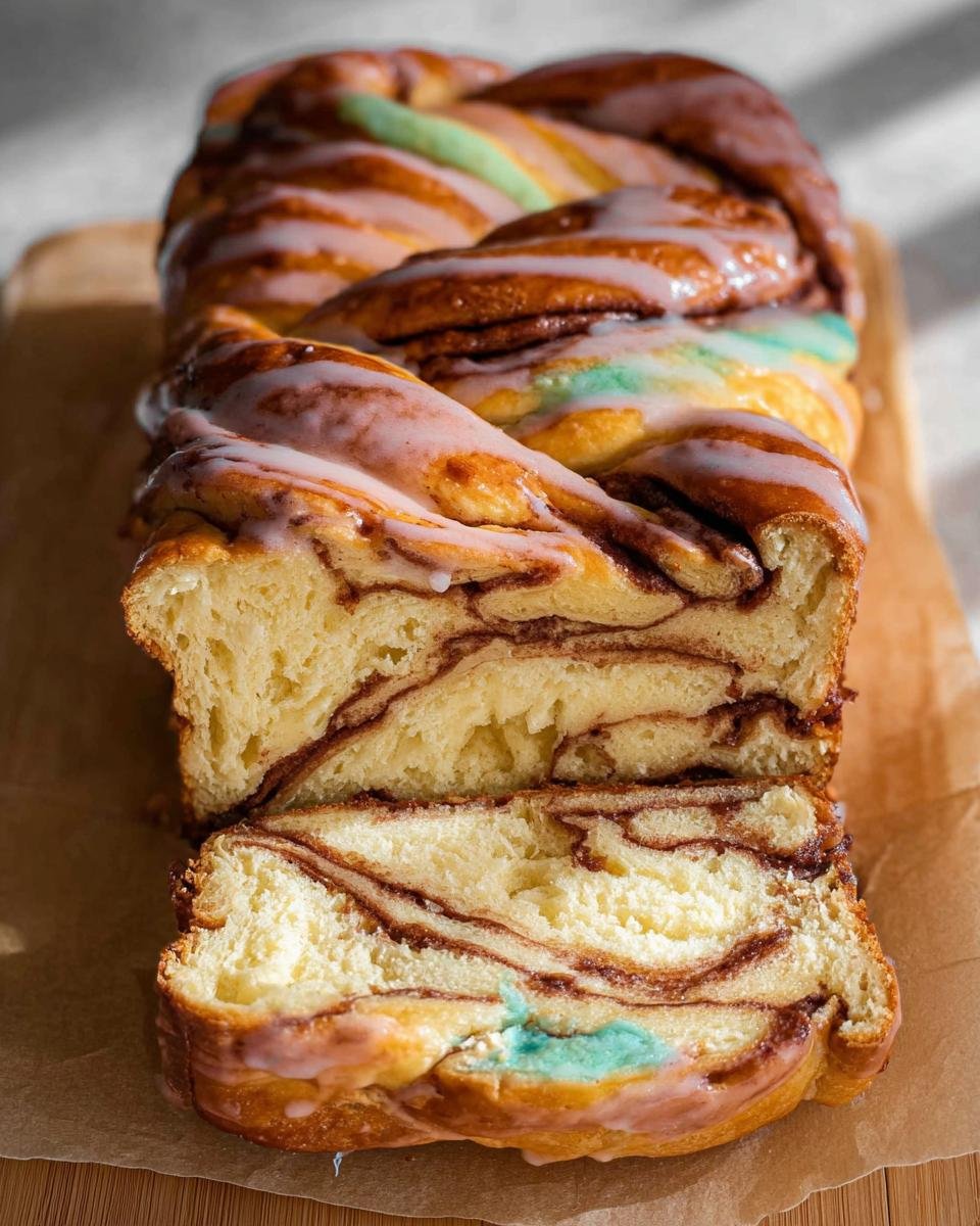 Close-up of a braided Easter Cream Cheese Babka, sliced to reveal swirls of cinnamon and colorful dough.