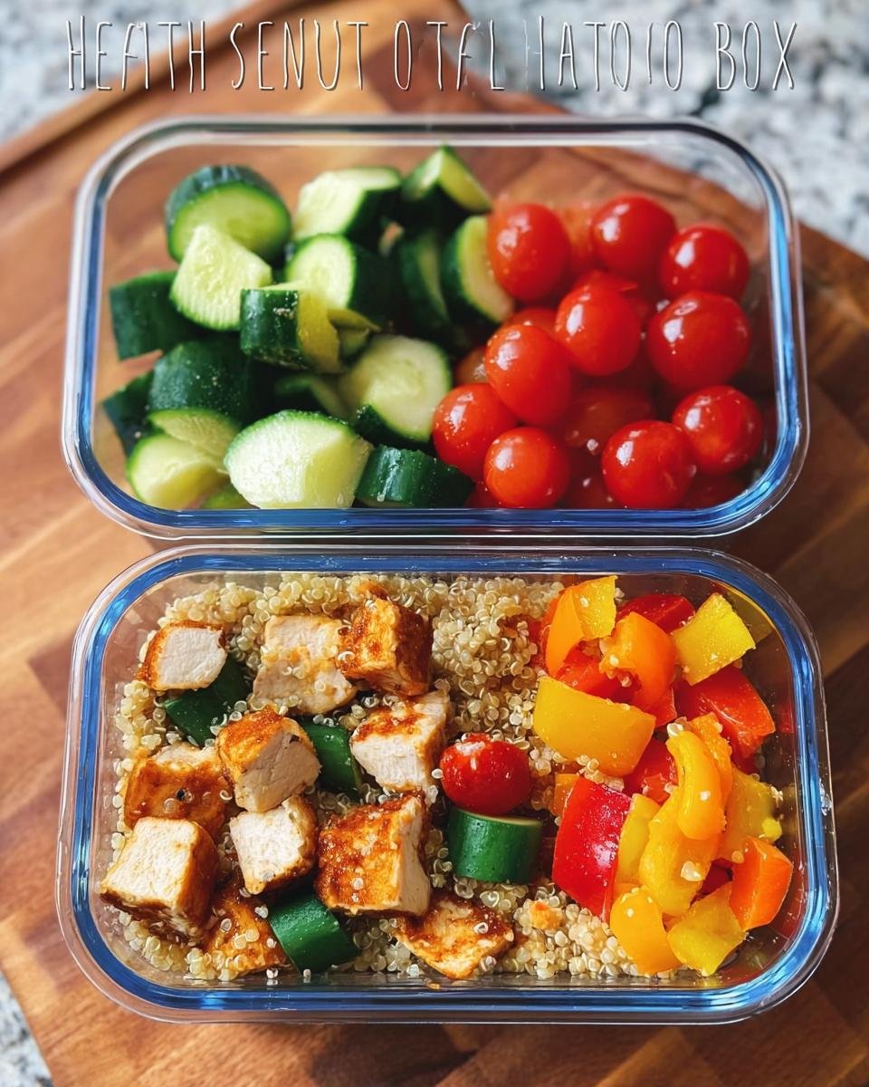 Overhead view of an easy healthy lunch bento box filled with quinoa, chicken, bell peppers, cherry tomatoes, and cucumber.