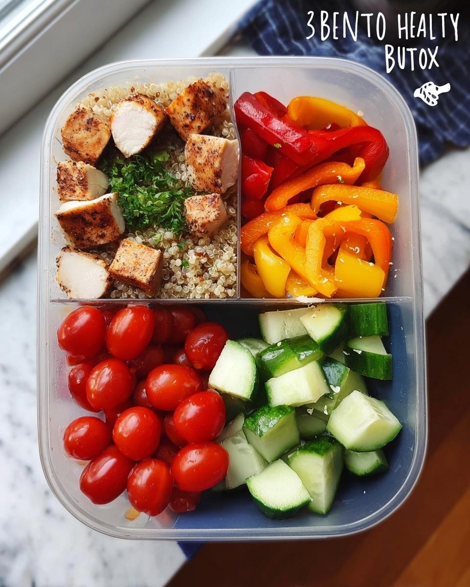 Overhead view of an Easy Healthy Lunch Bento Box filled with grilled chicken, quinoa, cherry tomatoes, cucumber, and bell peppers.