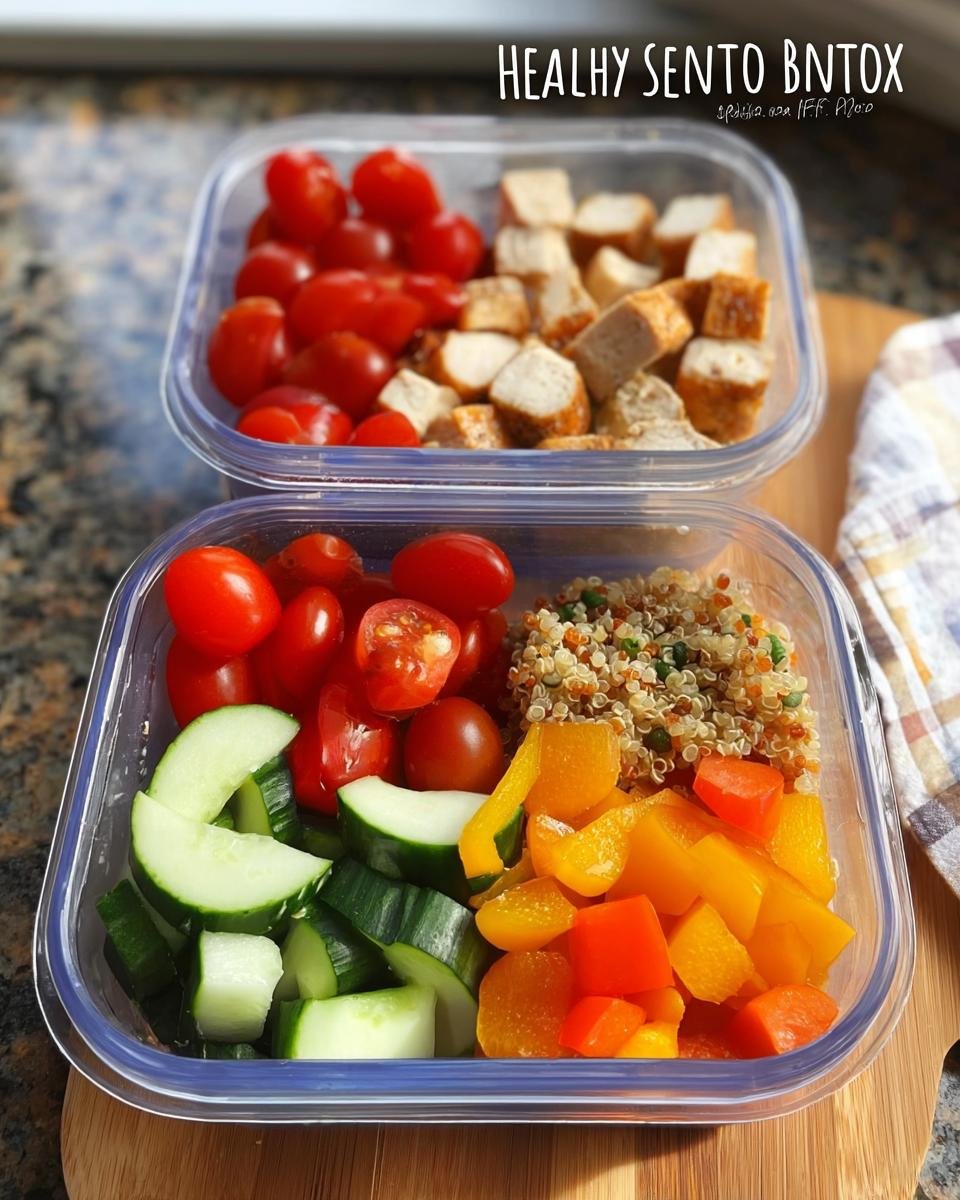 Two clear containers filled with ingredients for an Easy Healthy Lunch Bento Box: cherry tomatoes, diced chicken, quinoa, cucumber slices, and chopped bell peppers.