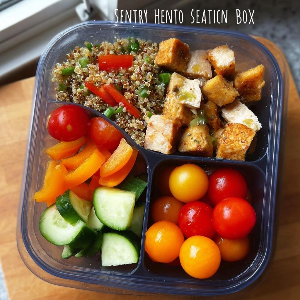 A visually appealing Easy Healthy Lunch Bento Box filled with quinoa, tofu, cherry tomatoes, cucumber, and bell peppers.