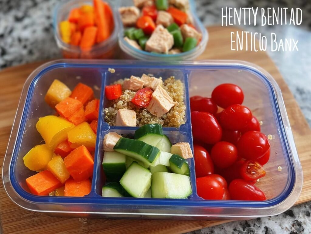 An easy healthy lunch bento box filled with quinoa, chicken, cherry tomatoes, cucumber, carrots, and bell peppers.