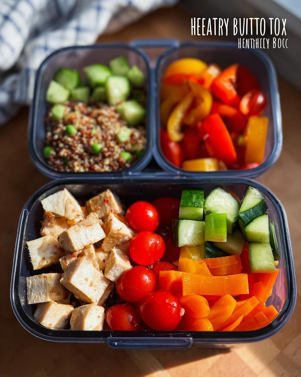 A close-up of an Easy Healthy Lunch Bento Box filled with cubed tofu, cherry tomatoes, cucumbers, bell peppers, and quinoa salad.