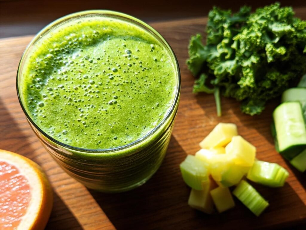 A glass of vibrant green smoothie next to fresh ingredients like kale, cucumber, pineapple, and grapefruit.