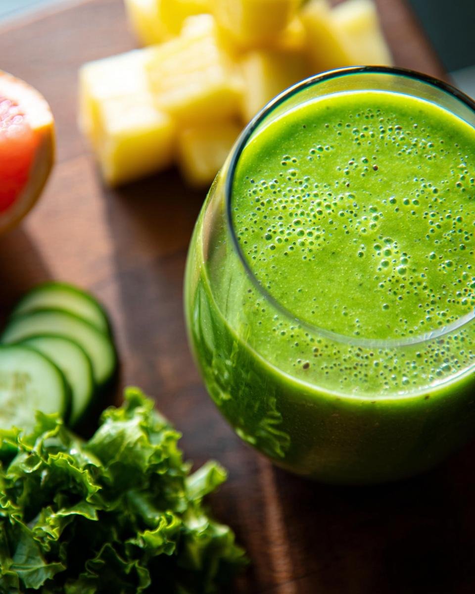 A vibrant green smoothie in a glass, surrounded by fresh ingredients like kale, cucumber, grapefruit, and pineapple.