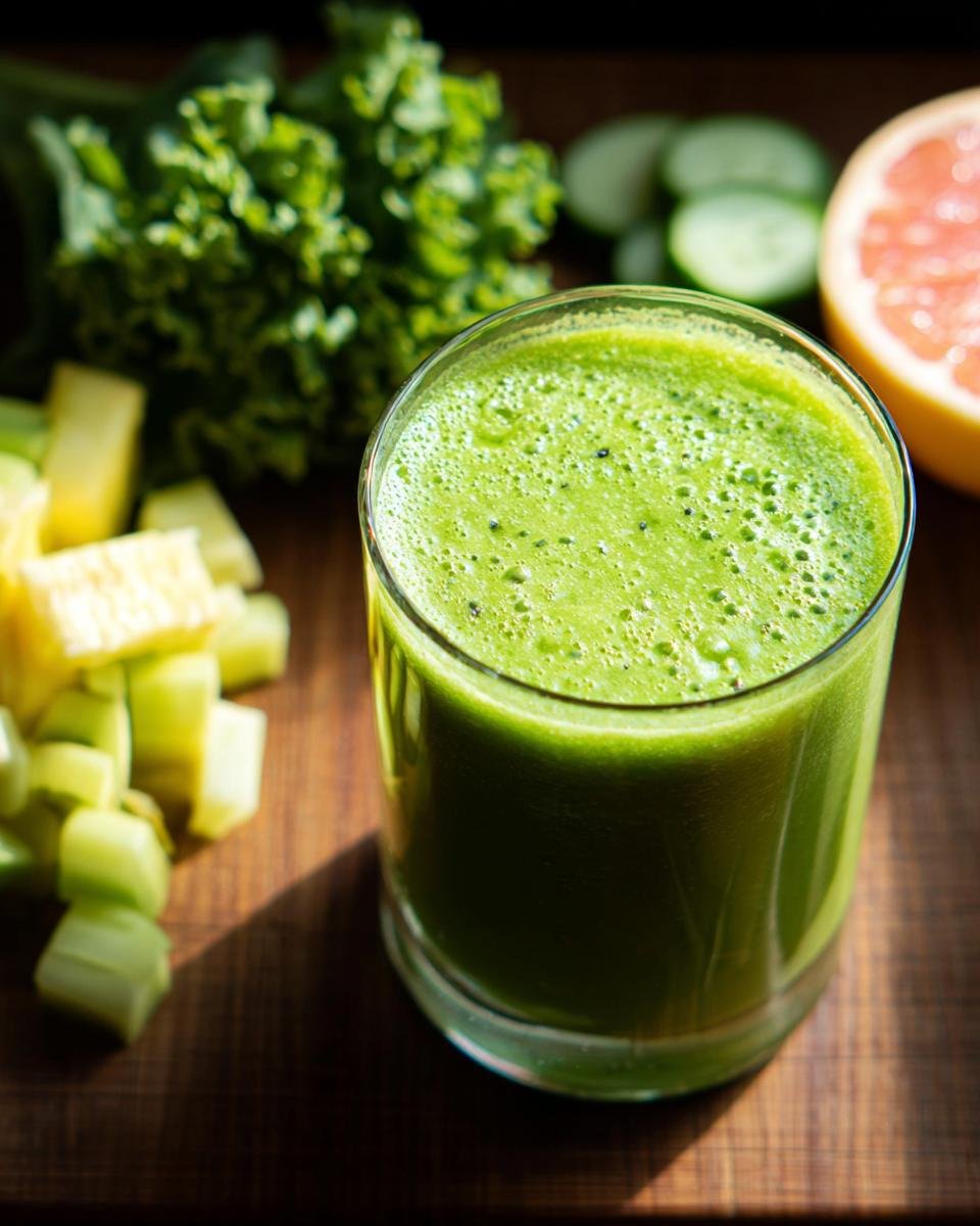 A glass of vibrant green smoothie, surrounded by fresh ingredients like kale, cucumber, pineapple, and grapefruit.
