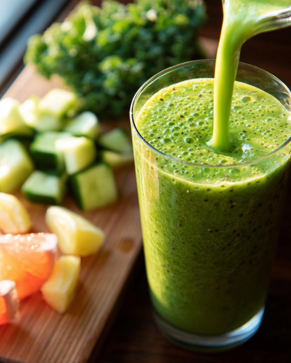 Pouring a vibrant green smoothie into a glass, with chopped cucumber, kale, and citrus on a wooden board in the background.