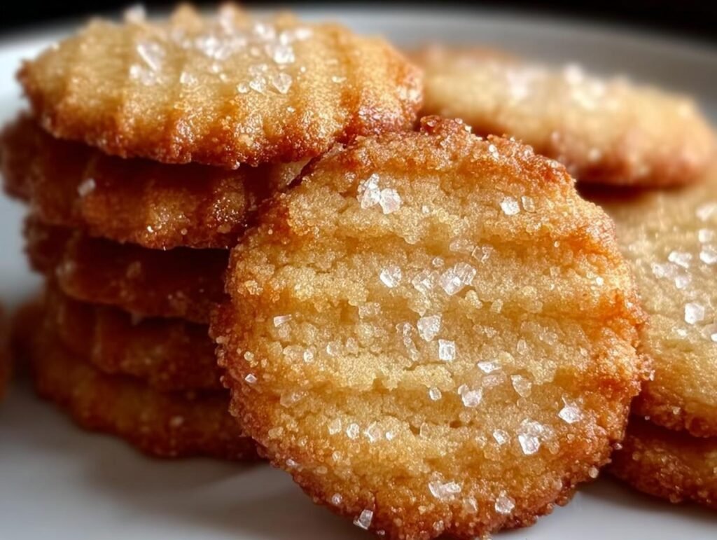 Close-up of golden-brown French Salted Butter Cookies, sprinkled with coarse sugar crystals.