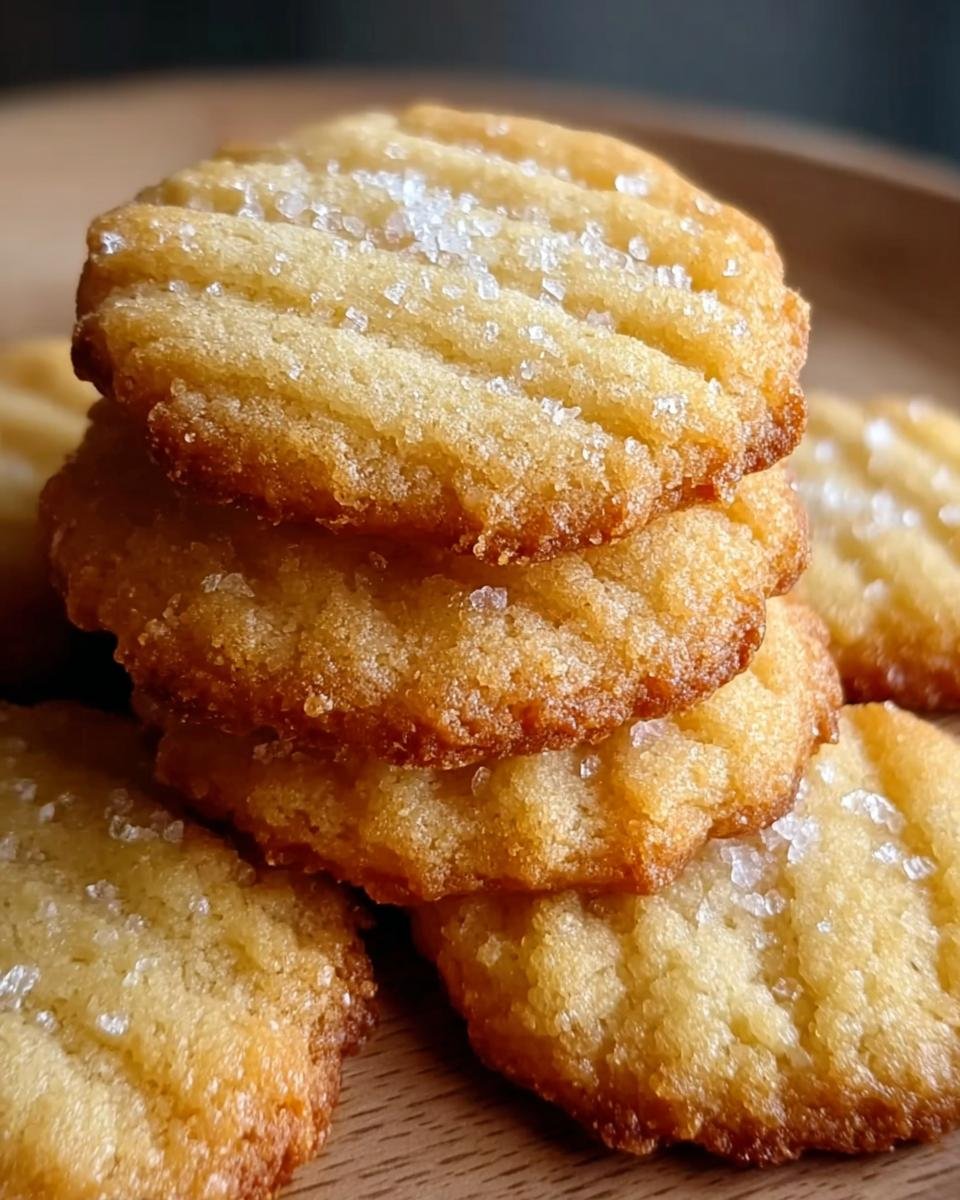 A close-up stack of golden-brown French Salted Butter Cookies, sprinkled with coarse sugar crystals.