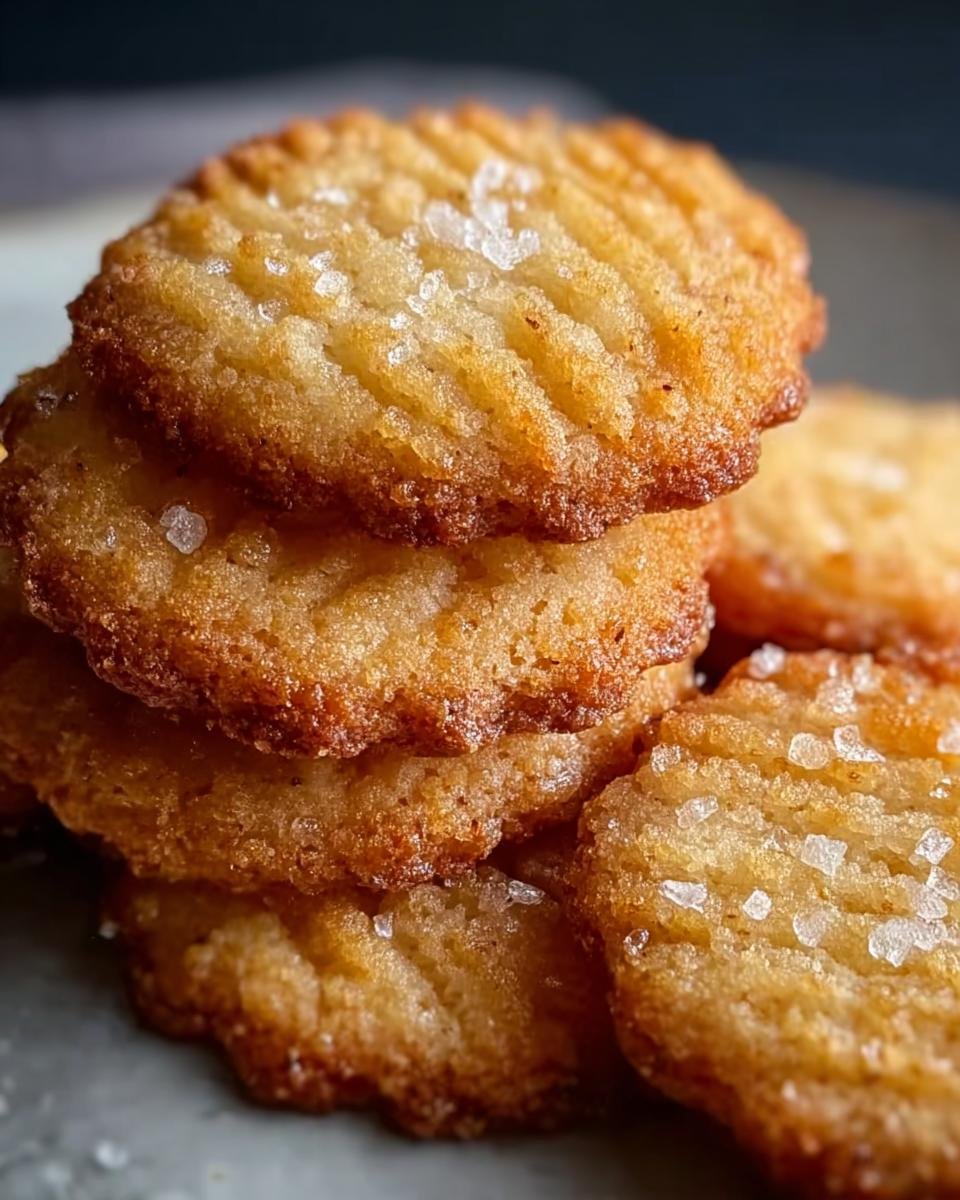 A close-up stack of golden-brown French Salted Butter Cookies, sprinkled with coarse sea salt.
