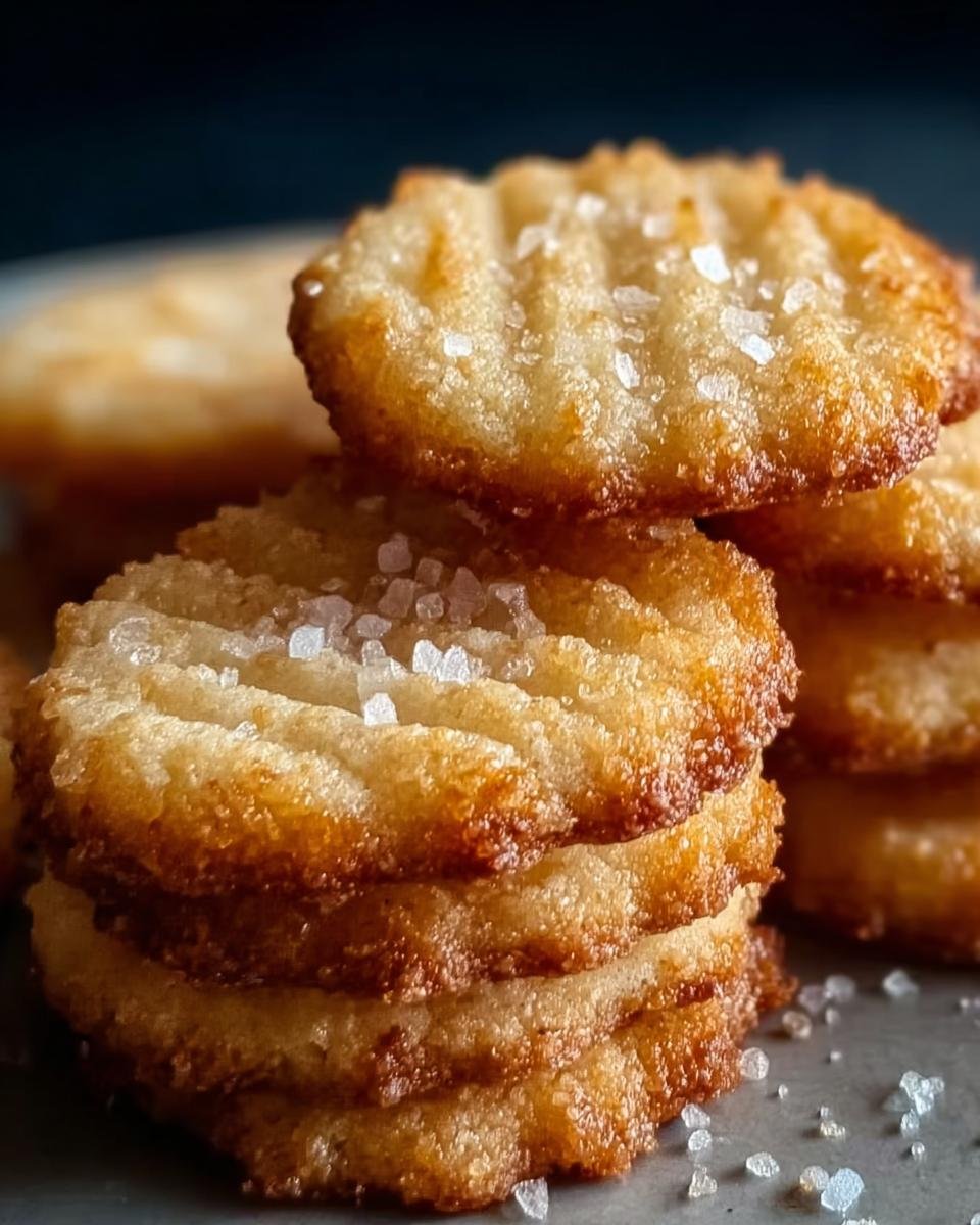 A close-up stack of golden brown French Salted Butter Cookies, sprinkled with coarse sea salt.