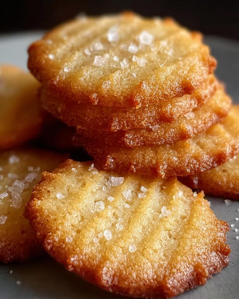 A close-up stack of golden French Salted Butter Cookies, sprinkled with flaky sea salt.