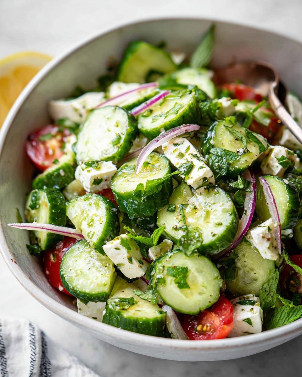 Close-up of a bowl filled with Fresh Cucumber & Feta Salad, featuring sliced cucumbers, cherry tomatoes, feta cheese, red onion, and mint.