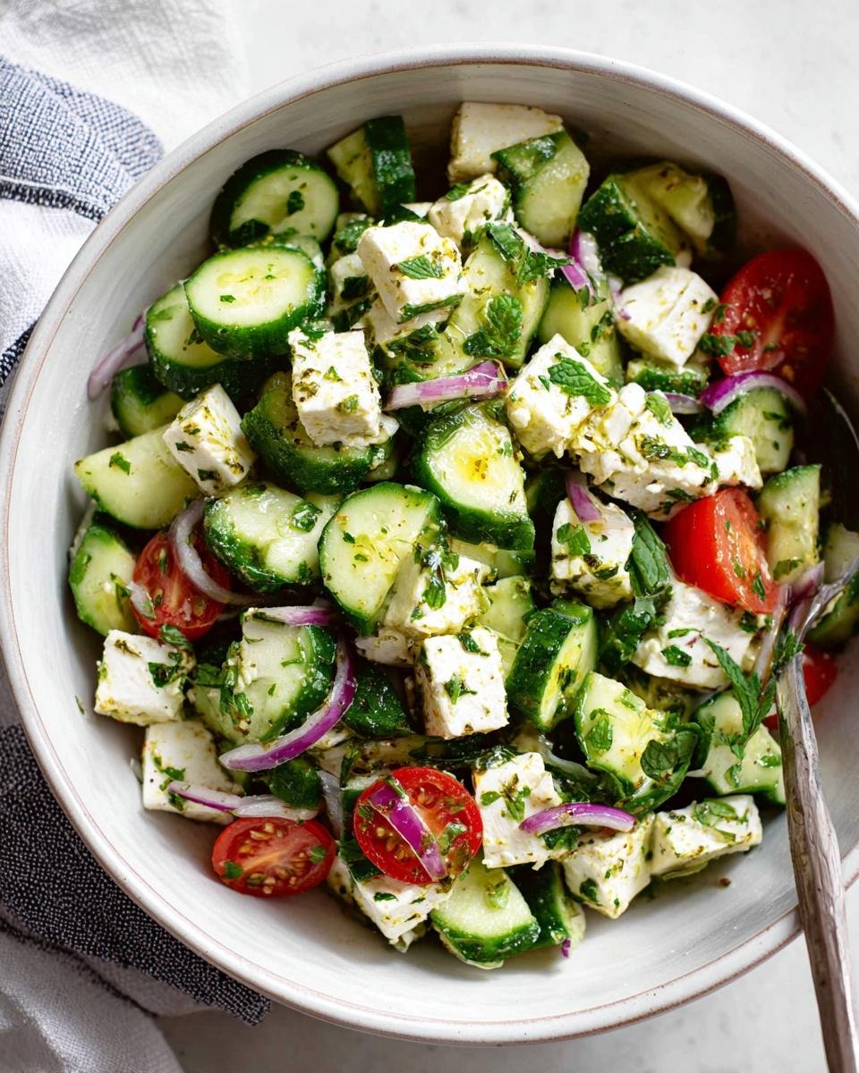 A vibrant bowl of Fresh Cucumber & Feta Salad with cherry tomatoes, red onion, and mint.