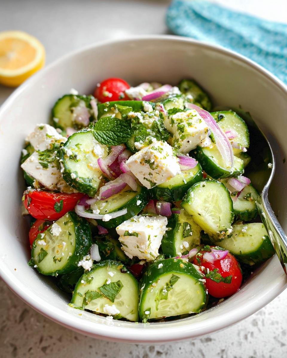 A refreshing bowl of Fresh Cucumber & Feta Salad with cherry tomatoes, red onion, mint, and feta cheese.