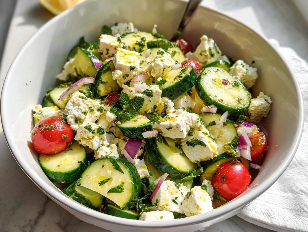 A close-up of a vibrant Fresh Cucumber & Feta Salad in a white bowl, featuring sliced cucumbers, cherry tomatoes, feta cheese, and red onion.