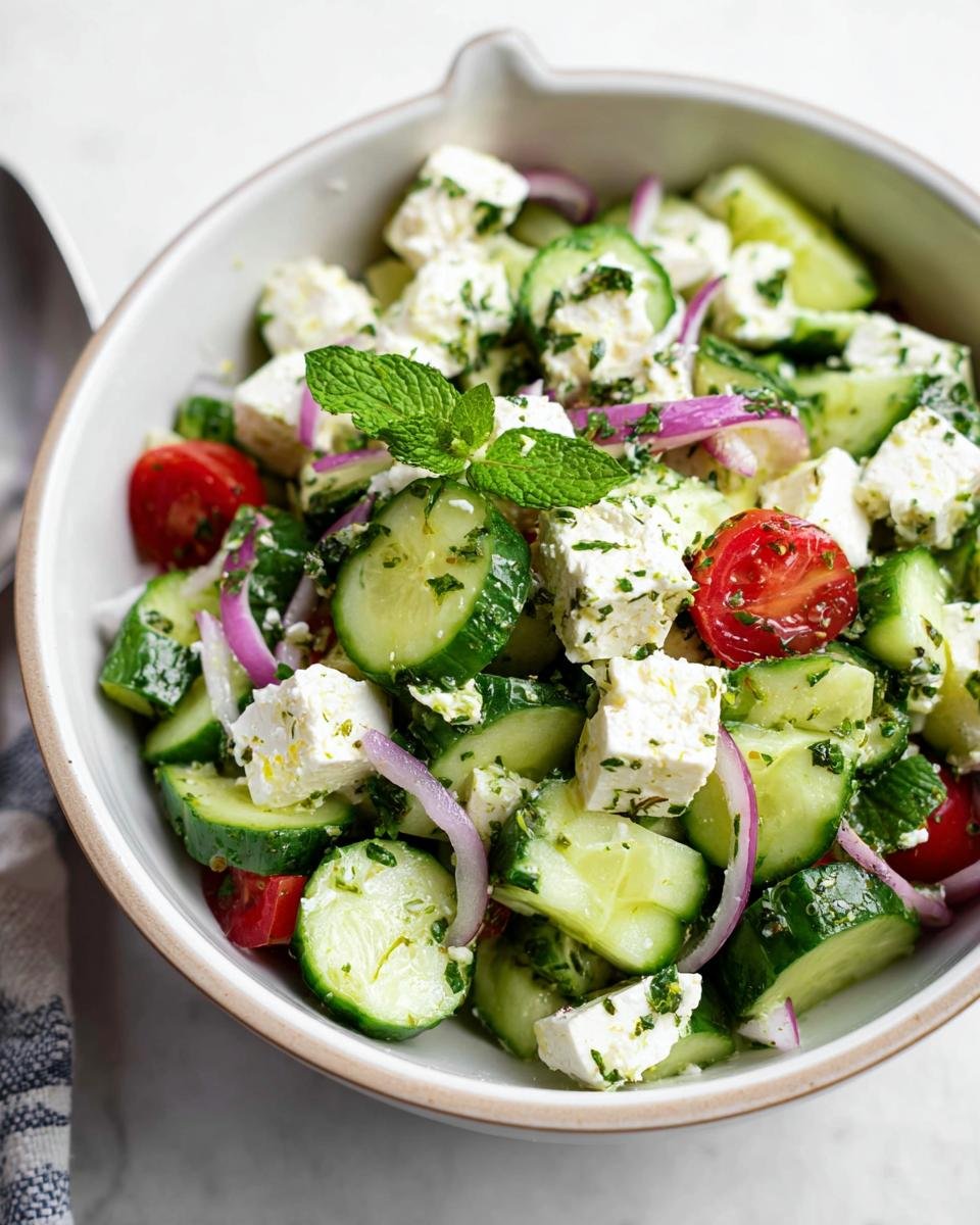 A refreshing bowl of Fresh Cucumber & Feta Salad with cherry tomatoes, red onion, and mint.