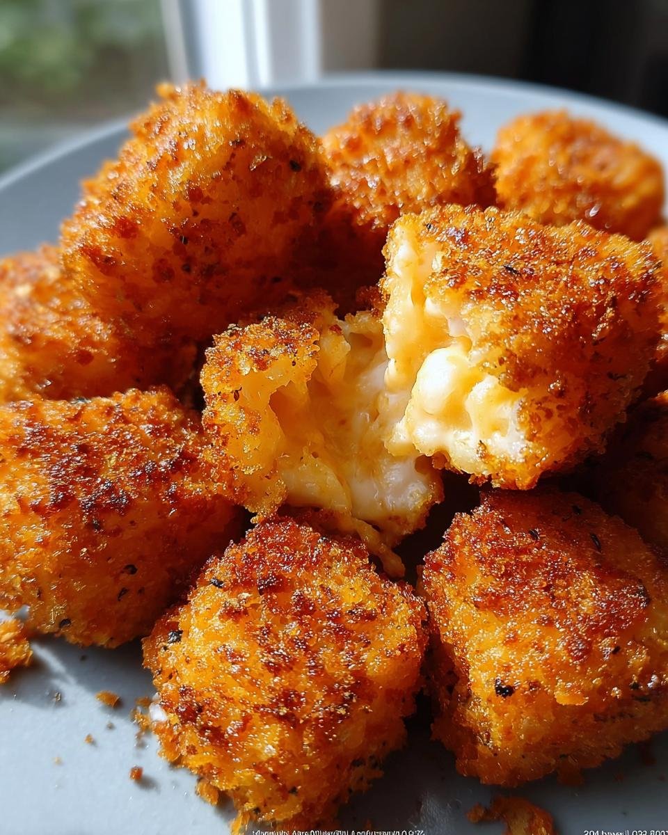 A close-up of golden-brown fried cheese bites, with one bite broken open to reveal a gooey, melted cheese center.