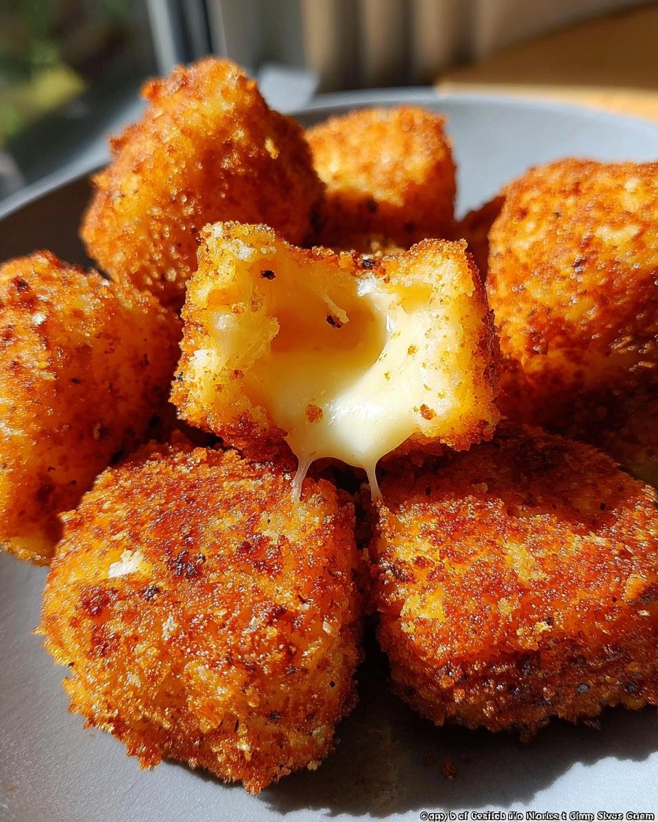 Close-up of golden-brown fried cheese bites, one broken open to reveal a gooey, melted cheese center.