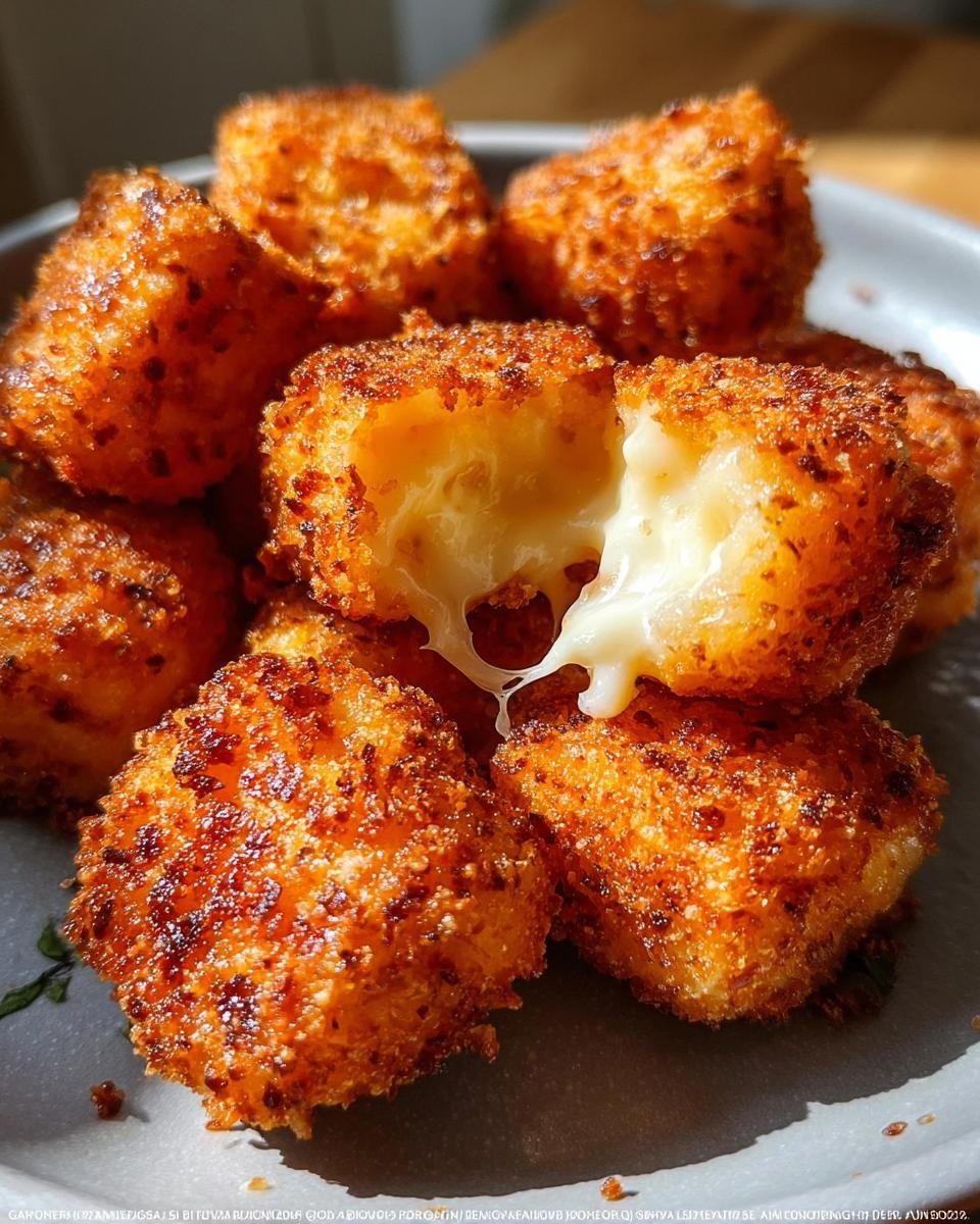 A pile of golden-brown fried cheese bites, with one broken open to reveal a gooey, melted cheese center.