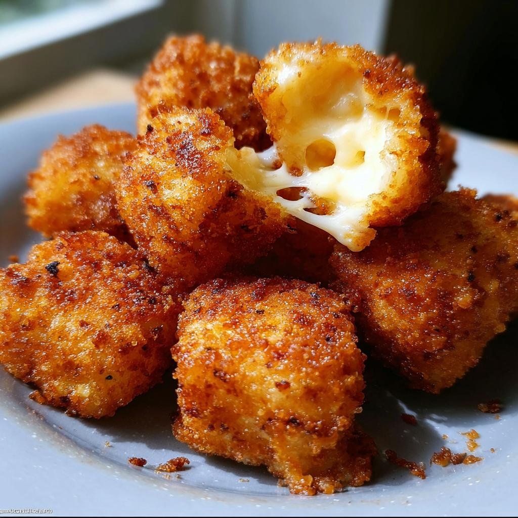 Close-up of golden-brown Fried Cheese Bites on a plate, with one bite broken open to reveal a gooey, melted cheese center.